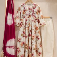 Ivory Floral Heavy Berlin Handwork 3-Piece Flared Kurti Set - wall display