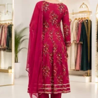 Rani Pink 100% Cotton Floral Gher Kurti Set with Decorative Neck Work - model back