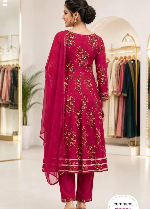 Rani Pink 100% Cotton Floral Gher Kurti Set with Decorative Neck Work - model back