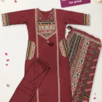 Maroon Cotton Handwork 3-Piece Kurti Set with Pockets & Printed Dupatta - flatlay