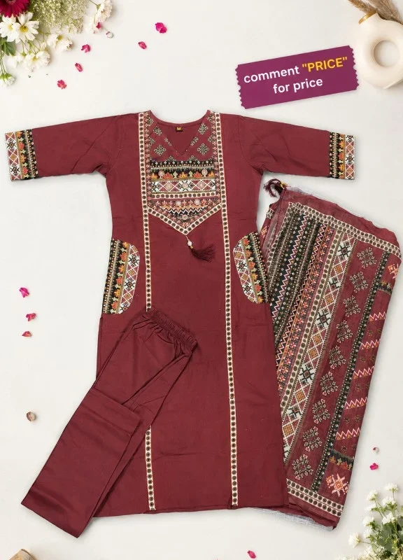 Maroon Cotton Handwork 3-Piece Kurti Set with Pockets & Printed Dupatta - flatlay