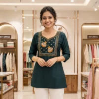 Dark Green Embroidered Short Kurti - model front