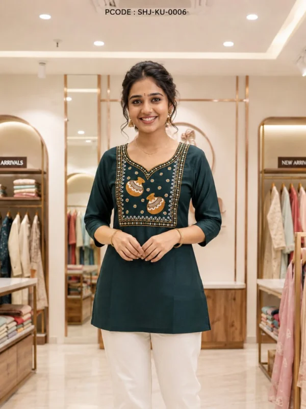 Dark Green Embroidered Short Kurti - model front