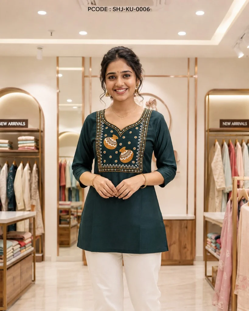 Dark Green Embroidered Short Kurti - model front