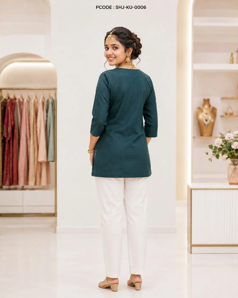 Dark Green Embroidered Short Kurti - model back
