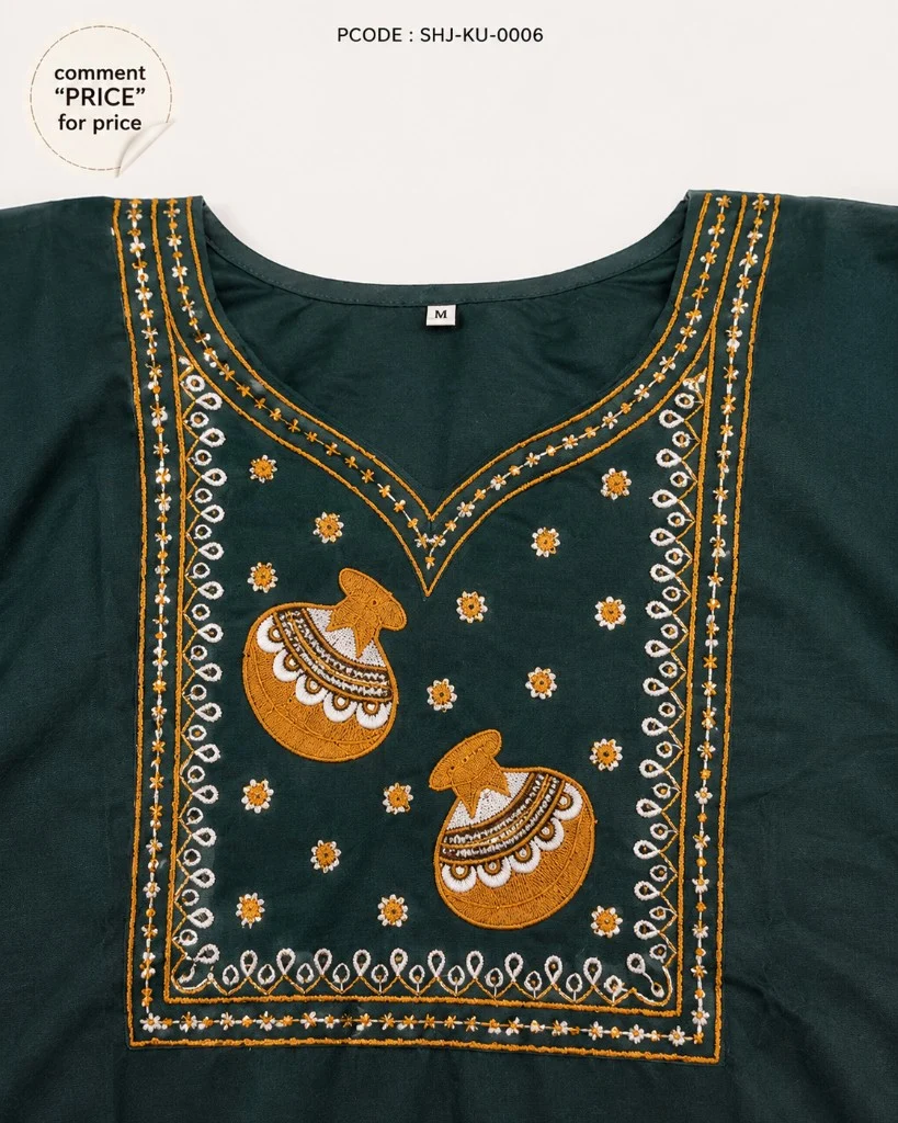Dark Green Embroidered Short Kurti - neckline detail