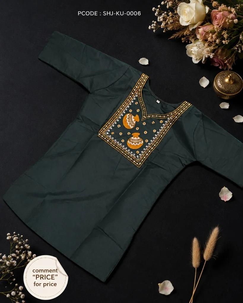 Dark Green Embroidered Short Kurti - flatlay