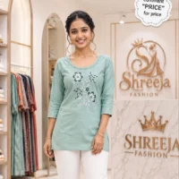 Mint Green Floral Embroidered Short Kurti - model front
