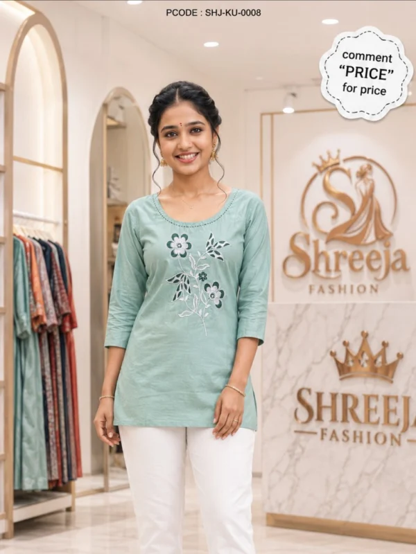 Mint Green Floral Embroidered Short Kurti - model front