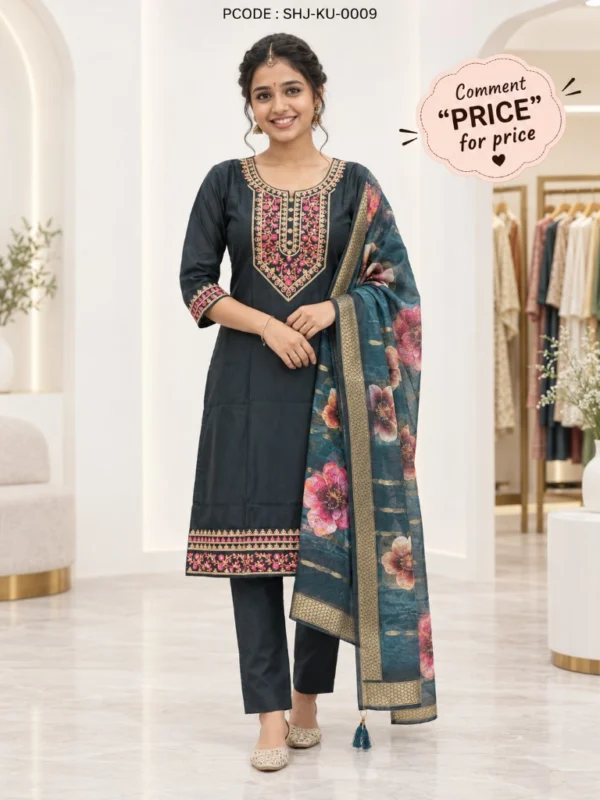 Elegant Embroidered Short Kurti 3-Piece Set - model front