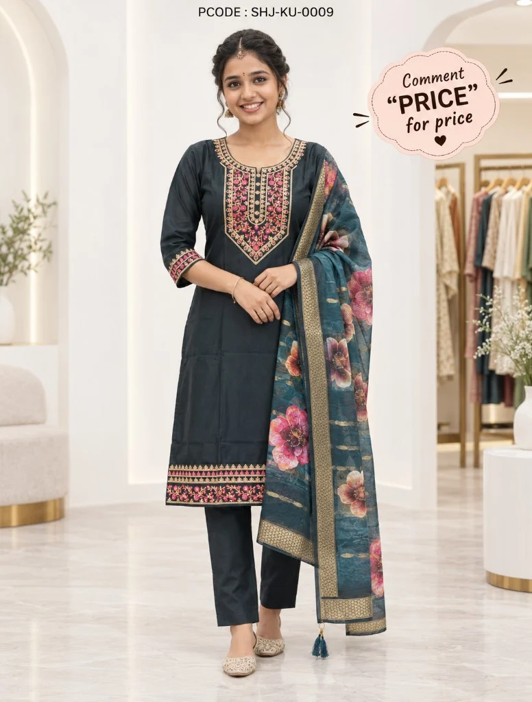 Elegant Embroidered Short Kurti 3-Piece Set - model front