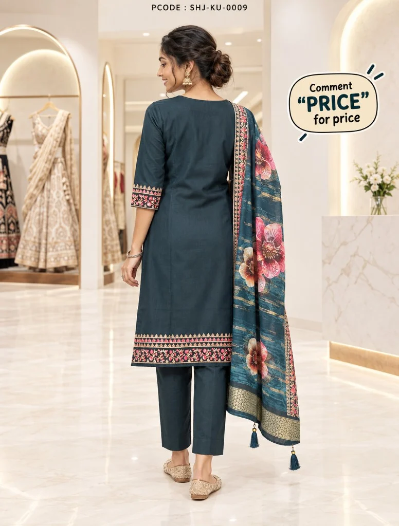 Elegant Embroidered Short Kurti 3-Piece Set - model back