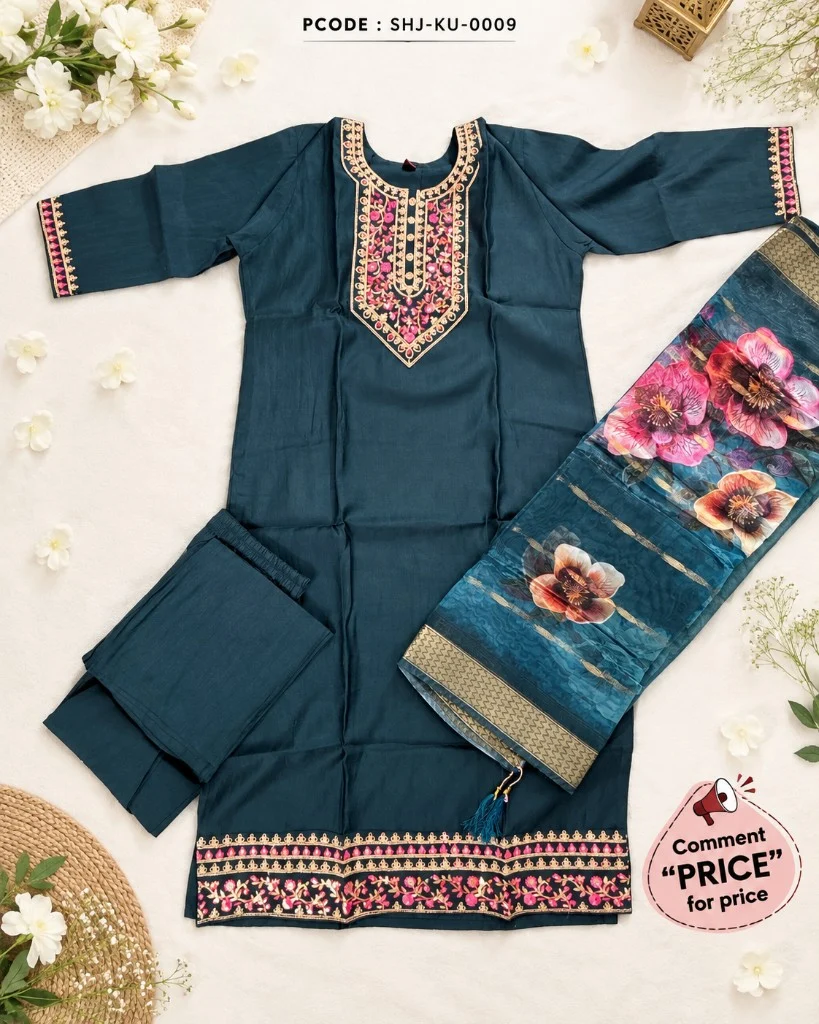 Elegant Embroidered Short Kurti 3-Piece Set - flatlay