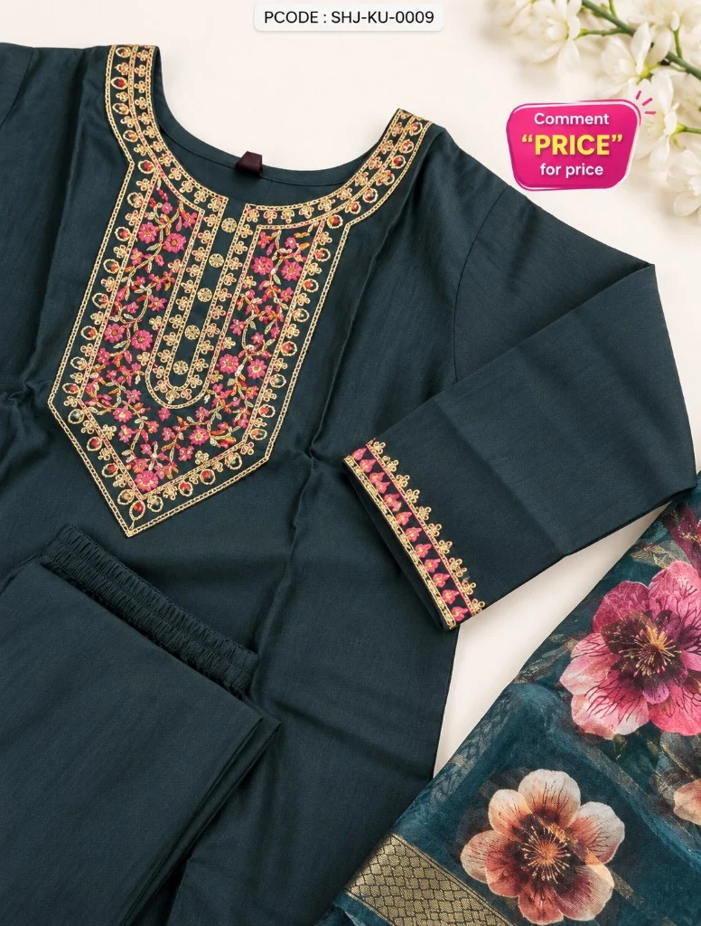 Elegant Embroidered Short Kurti 3-Piece Set - flatlay set
