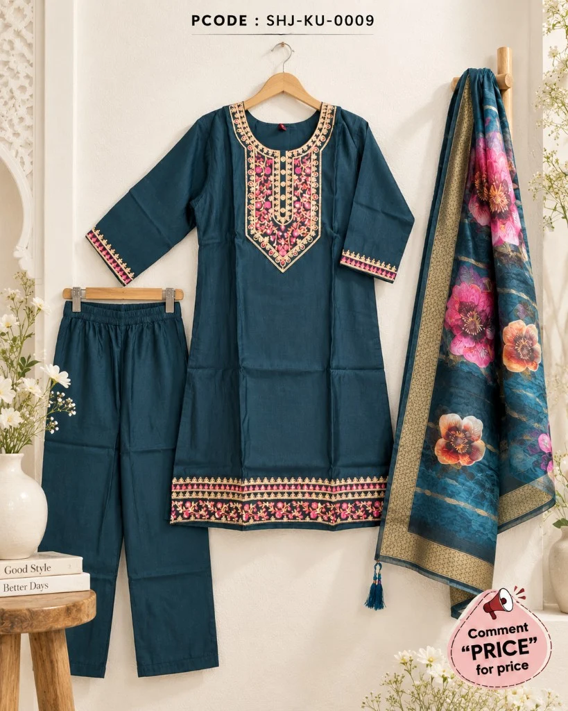 Elegant Embroidered Short Kurti 3-Piece Set - wall hanger