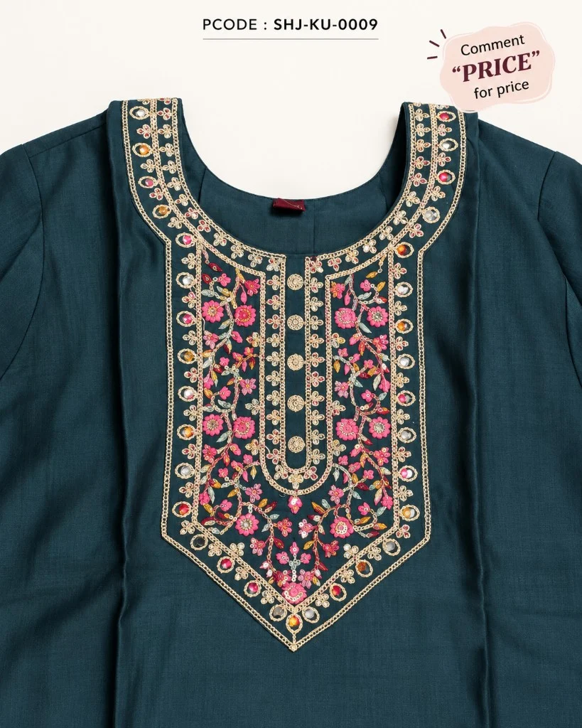 Elegant Embroidered Short Kurti 3-Piece Set - neckline detail