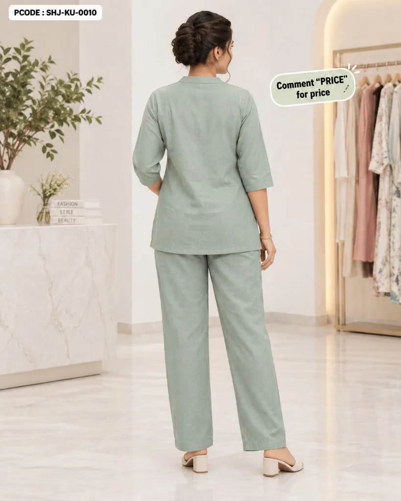 Sage Green Embroidered Cord Suit - model back