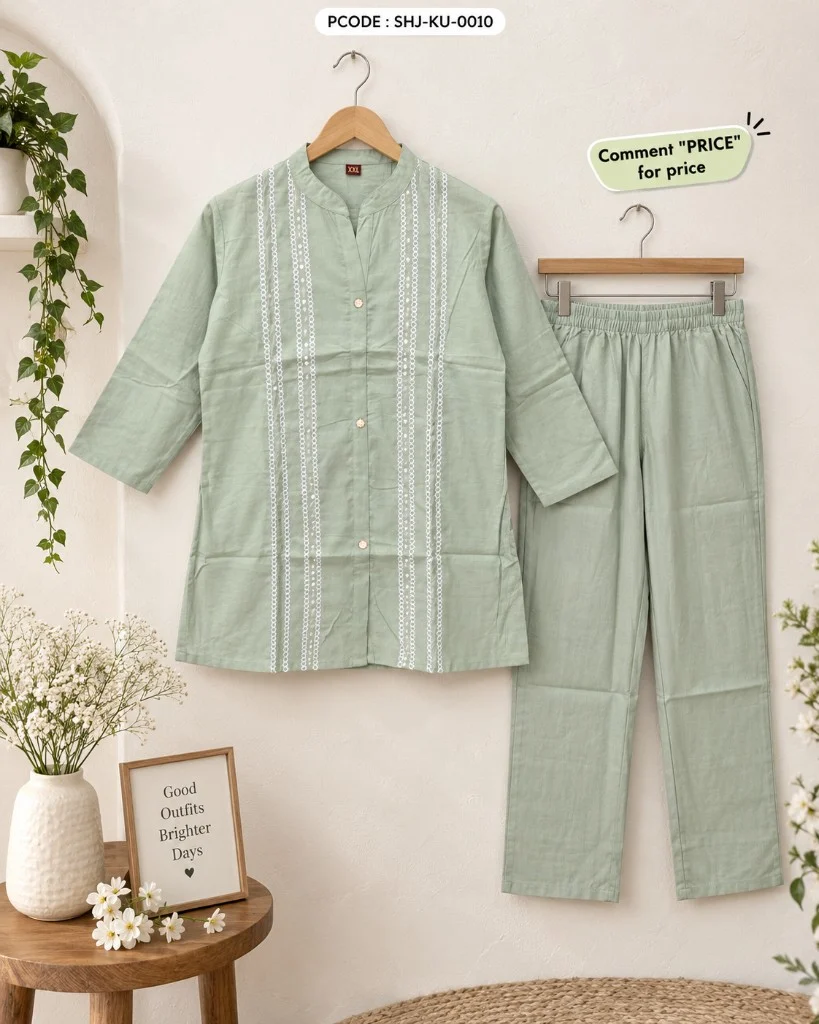 Sage Green Embroidered Cord Suit - wall hanger