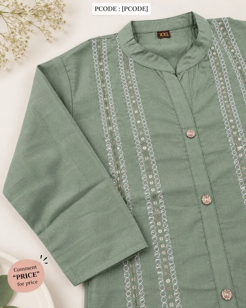 Sage Green Embroidered Cord Suit - neckline detail