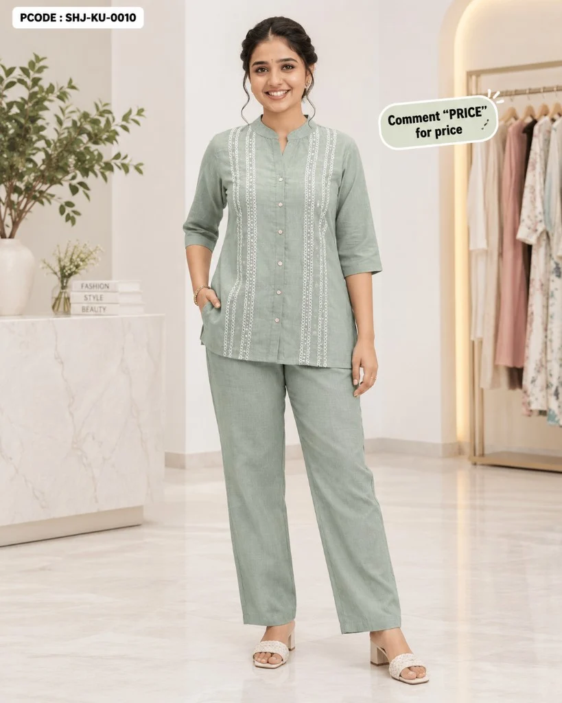 Sage Green Embroidered Cord Suit - model front