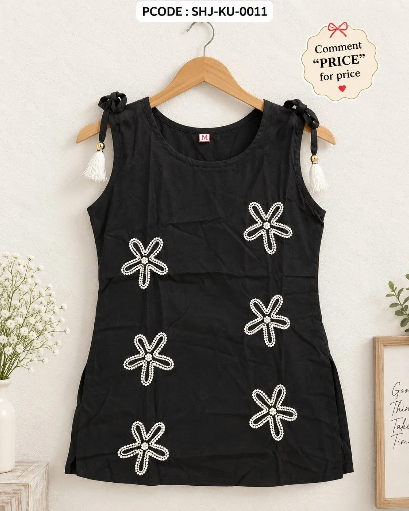 Unique Embroidered Kurti Top - black hanger