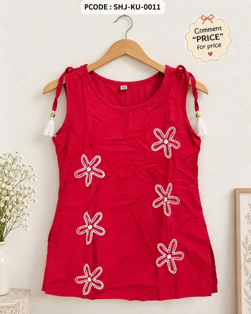 Unique Embroidered Kurti Top - red hanger