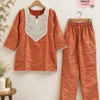 Rust Orange Embroidered Kurti Pant Set - wall hanger