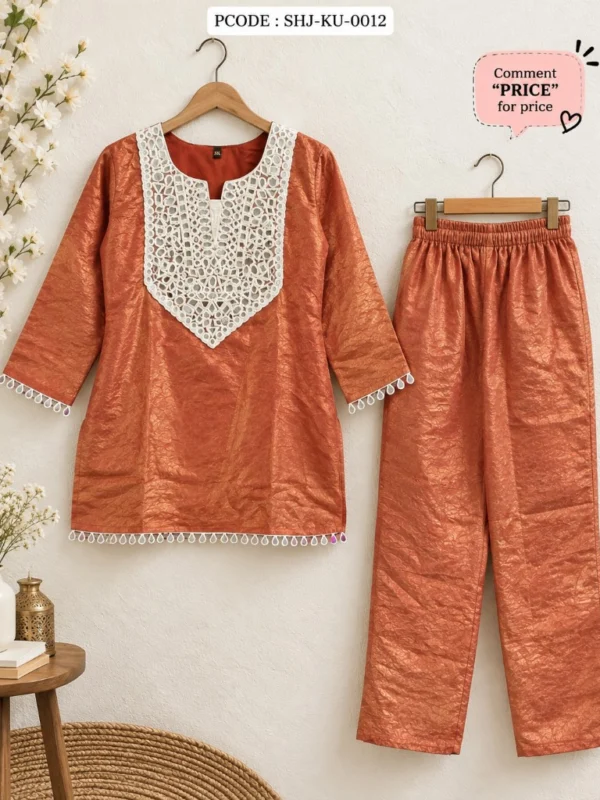 Rust Orange Embroidered Kurti Pant Set - wall hanger