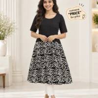 Black & White Stylish Printed A-Line Kurti Dress - model front