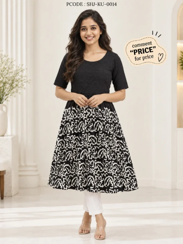 Black & White Stylish Printed A-Line Kurti Dress - model front