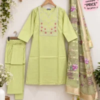 Elegant Pastel Green Embroidered 3-Piece Kurti Set - model front