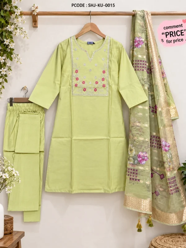 Elegant Pastel Green Embroidered 3-Piece Kurti Set - model front