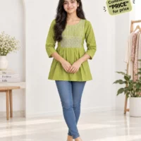 Girls' Short Gher Wali Embroidered Kurti - green model
