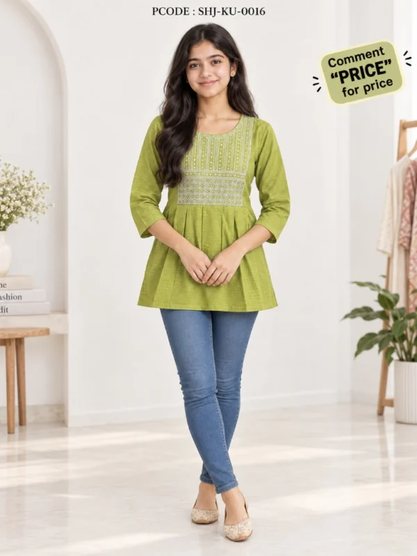 Girls' Short Gher Wali Embroidered Kurti - green model