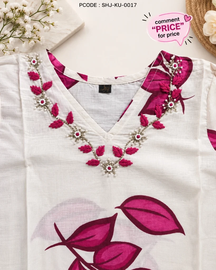 Elegant Embroidered Kurti Set with Pearls & Handwork Detailing - neckline detail