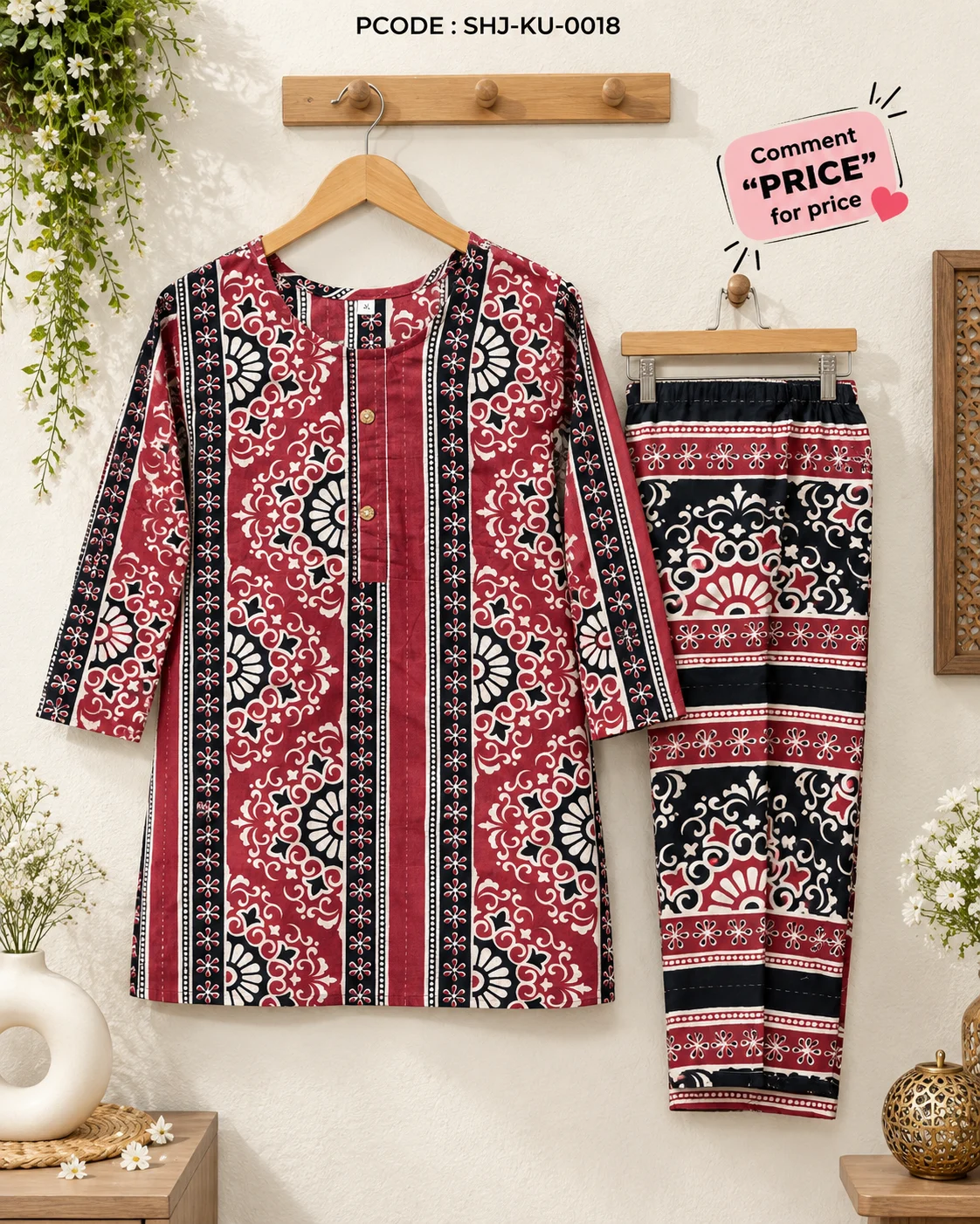 Maroon Black & Cream Printed Co-ord Set - wall hanger