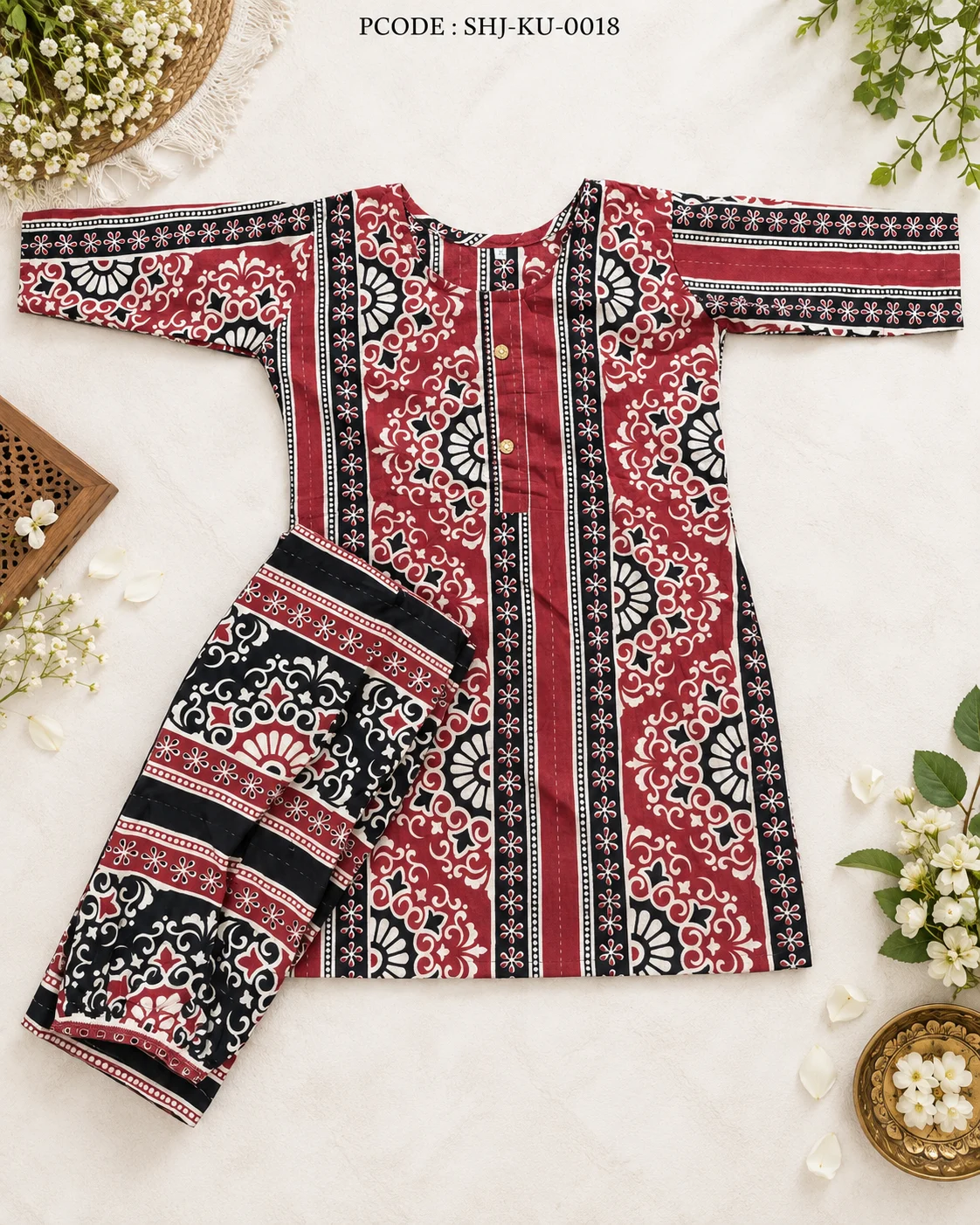 Maroon Black & Cream Printed Co-ord Set - flatlay