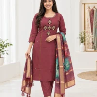 Wine Rose Pearl Handwork 3-Piece Kurti Set with Floral Dupatta - model front