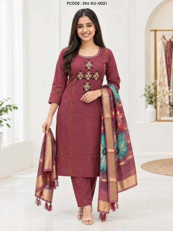 Wine Rose Pearl Handwork 3-Piece Kurti Set with Floral Dupatta - model front