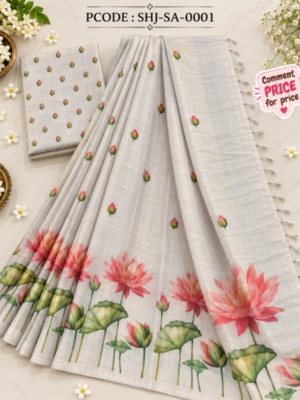 Lotus Print Saree - model front