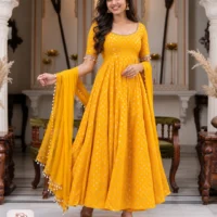Trendy Anarkali Designer Kurti Pant Set with Dupatta Yellow