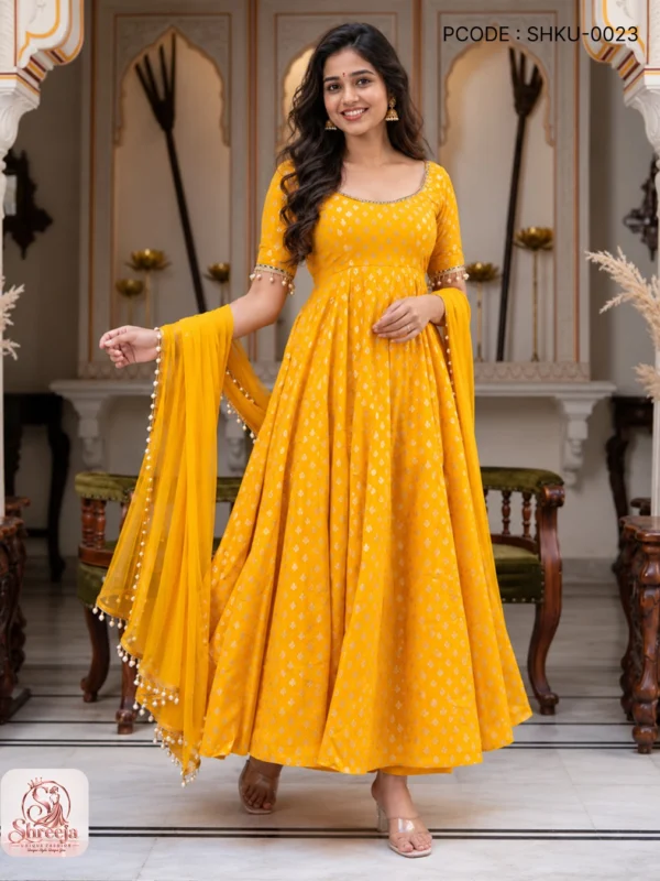 Trendy Anarkali Designer Kurti Pant Set with Dupatta Yellow